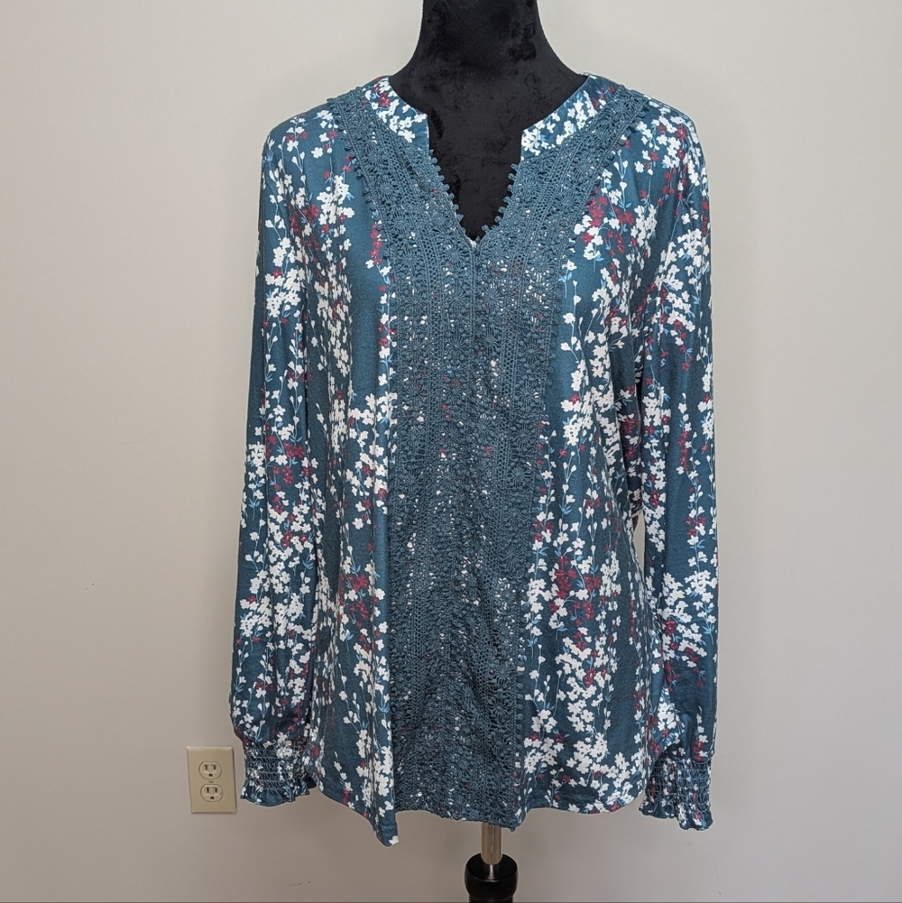 Ivicoer Floral Teal Women's Top Dark Teal Blue Sz XL Boho